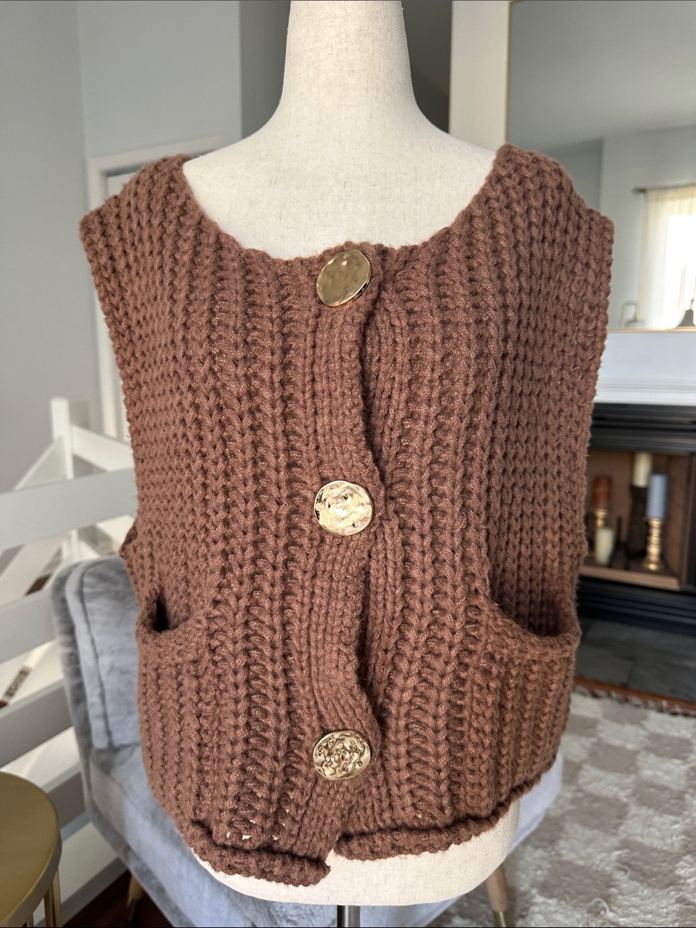Sunday Up Chunky Knit Brown Button-Front Sweater Vest
